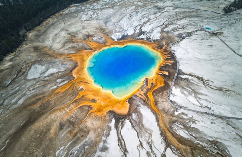 Grand Prismatic Spring and boardwalk from above, Yellowstone