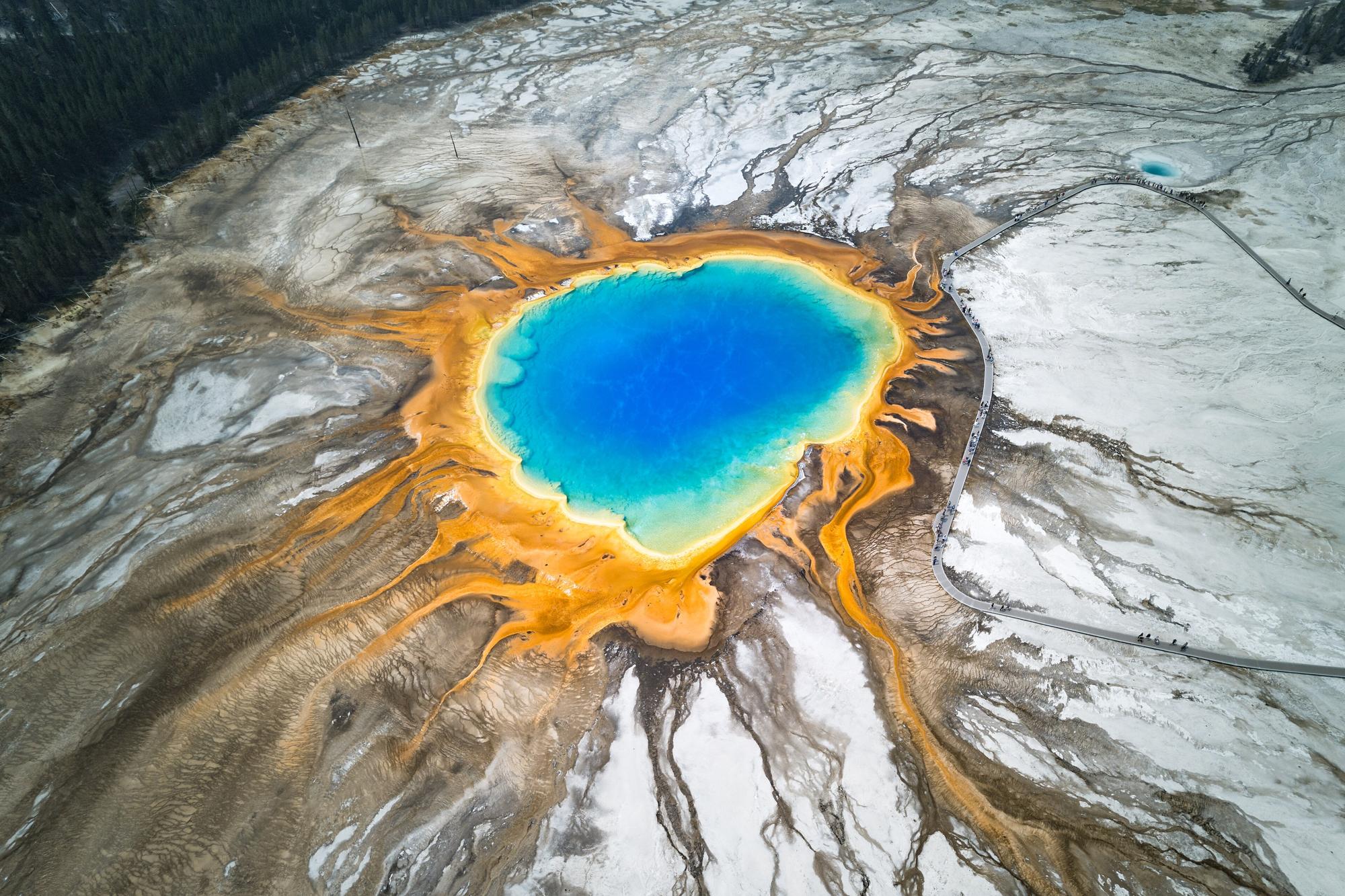 Grand Prismatic Spring and boardwalk from above, Yellowstone