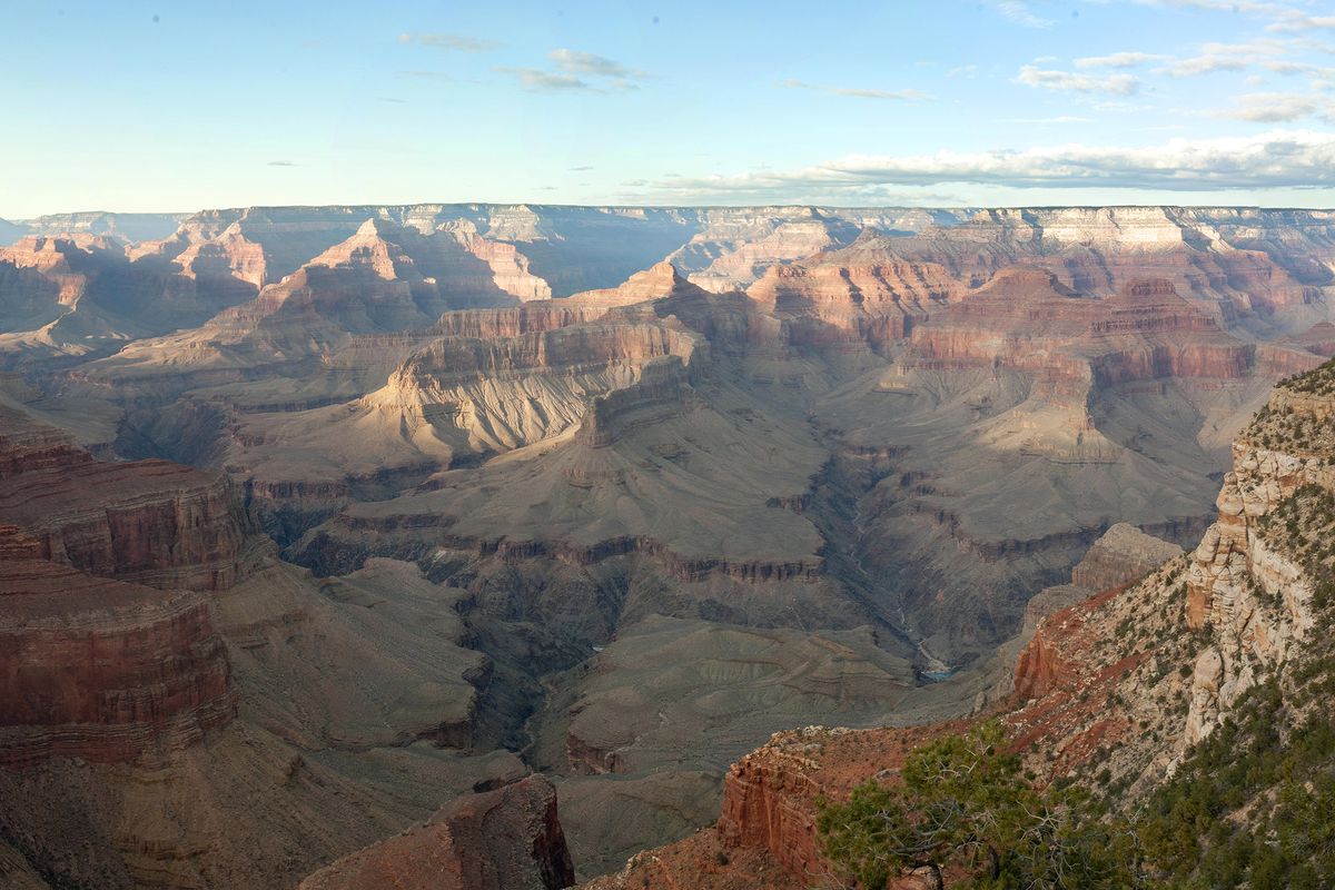 The Grand Canyon seen from Hermits Rest at the western end of Hermit Road, layered cliffs in hazy light