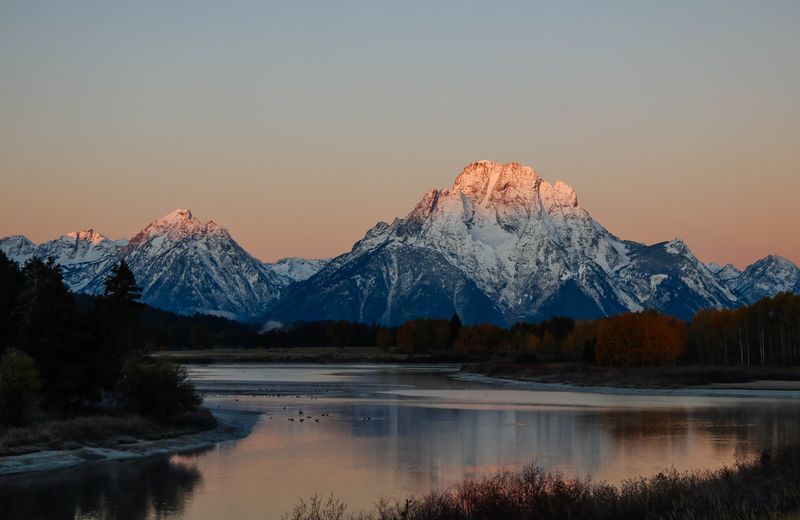 Mount Moran at sunrise above Oxbow Bend, Grand Teton National Park