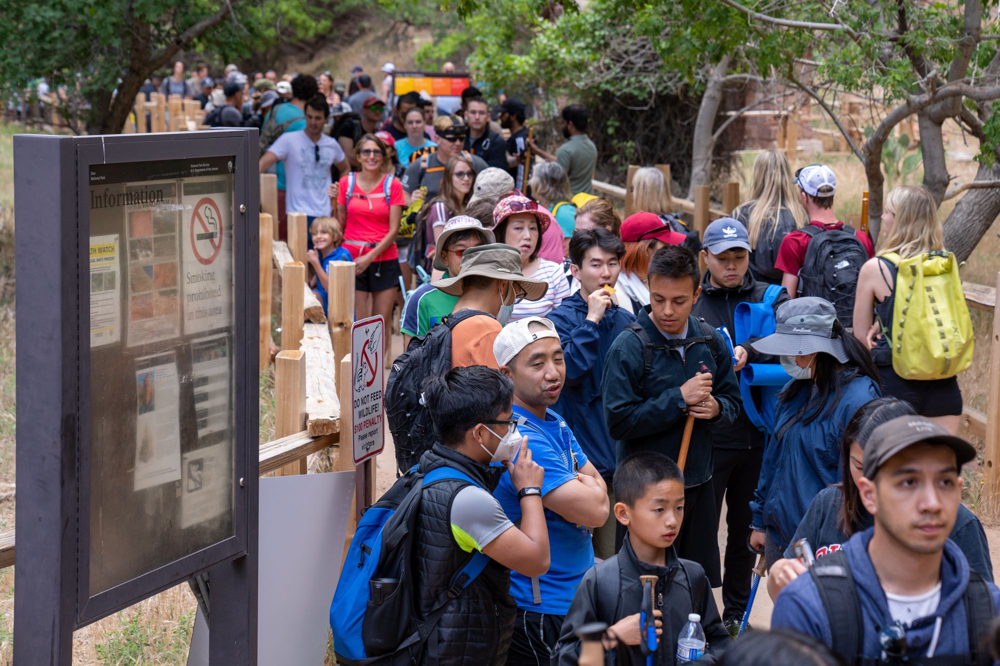 A long line of visitors waiting for the park shuttle at the Temple of Sinawava stop in Zion Canyon on Memorial Day weekend